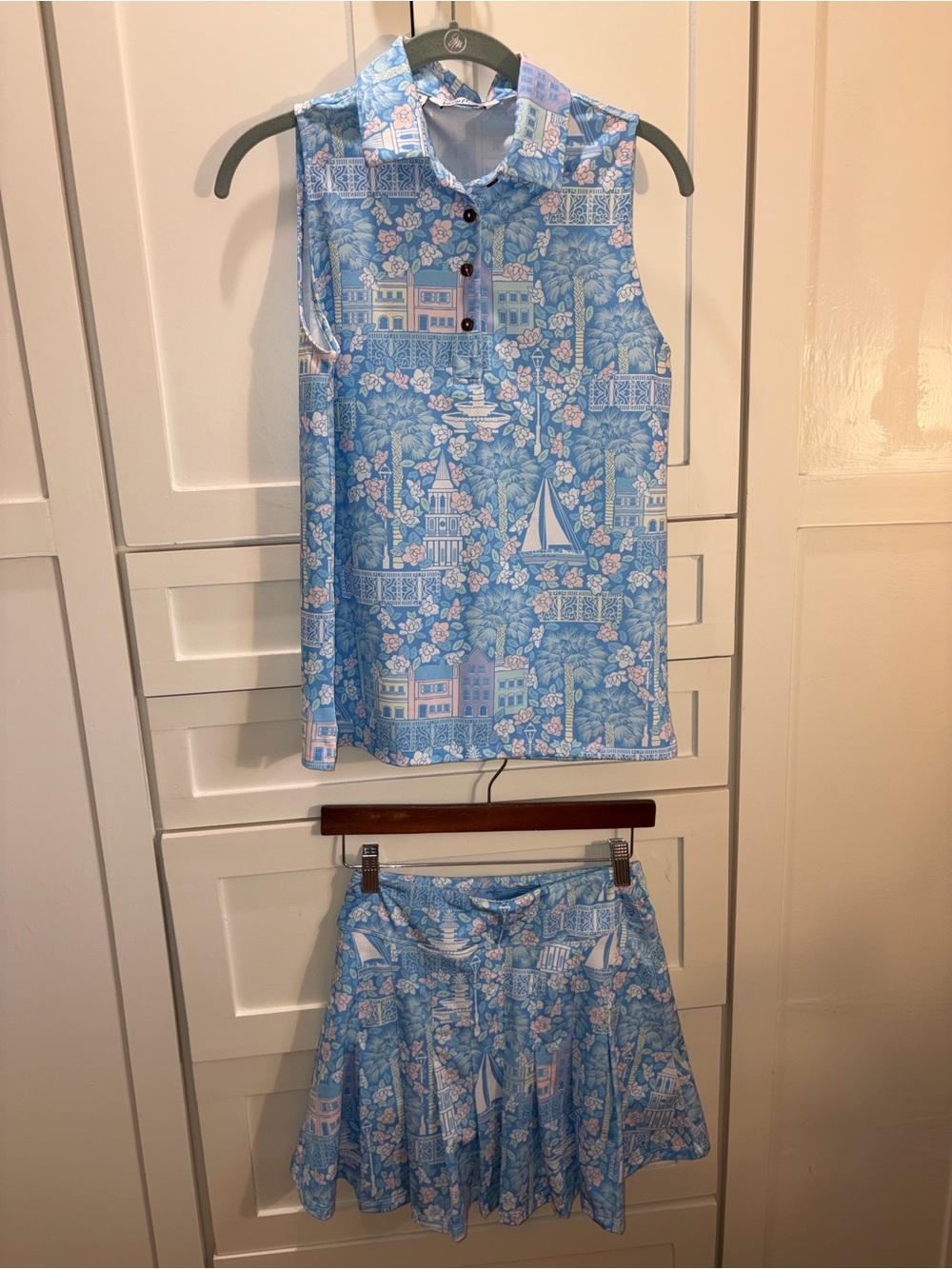Kenny Flowers Sleeveless Polo and Skort  Set in Light Blue Coastal Print Size S
